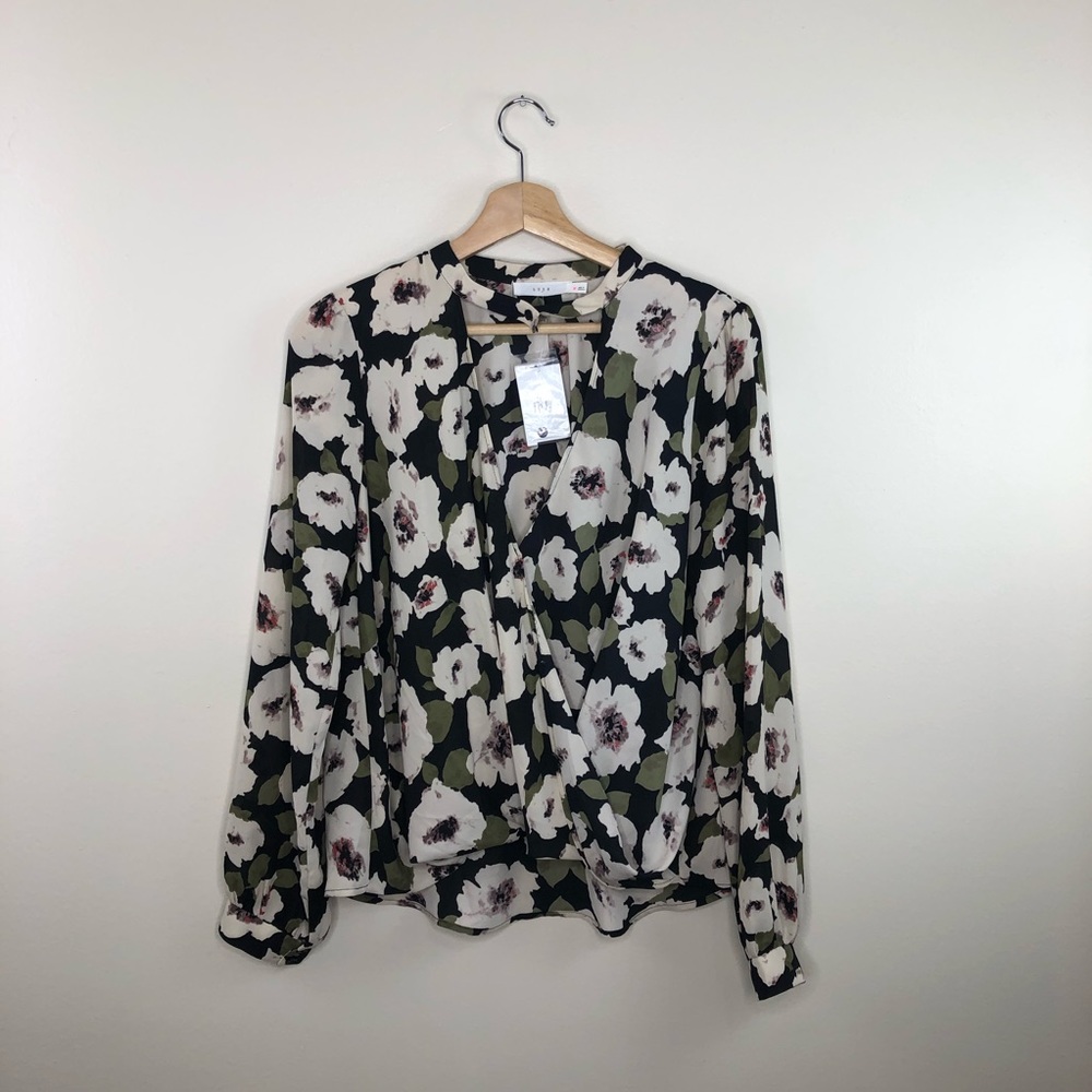 Lush Floral Wrap Blouse in Black, White & Olive